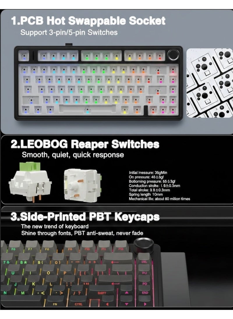 AULA F75 PRO Mechanical Keyboard 75% Wireless Gaming Keyboard Hot-swappable with Washers, RGB Backlighting 5-Layer Pads PBT Keycaps Bluetooth/2.4GHz/USB-C Hot-swappable Keyboard Switch RGB, Reaper Switches Gamer-Specific Keyboard (Gradient Black) - Image 5